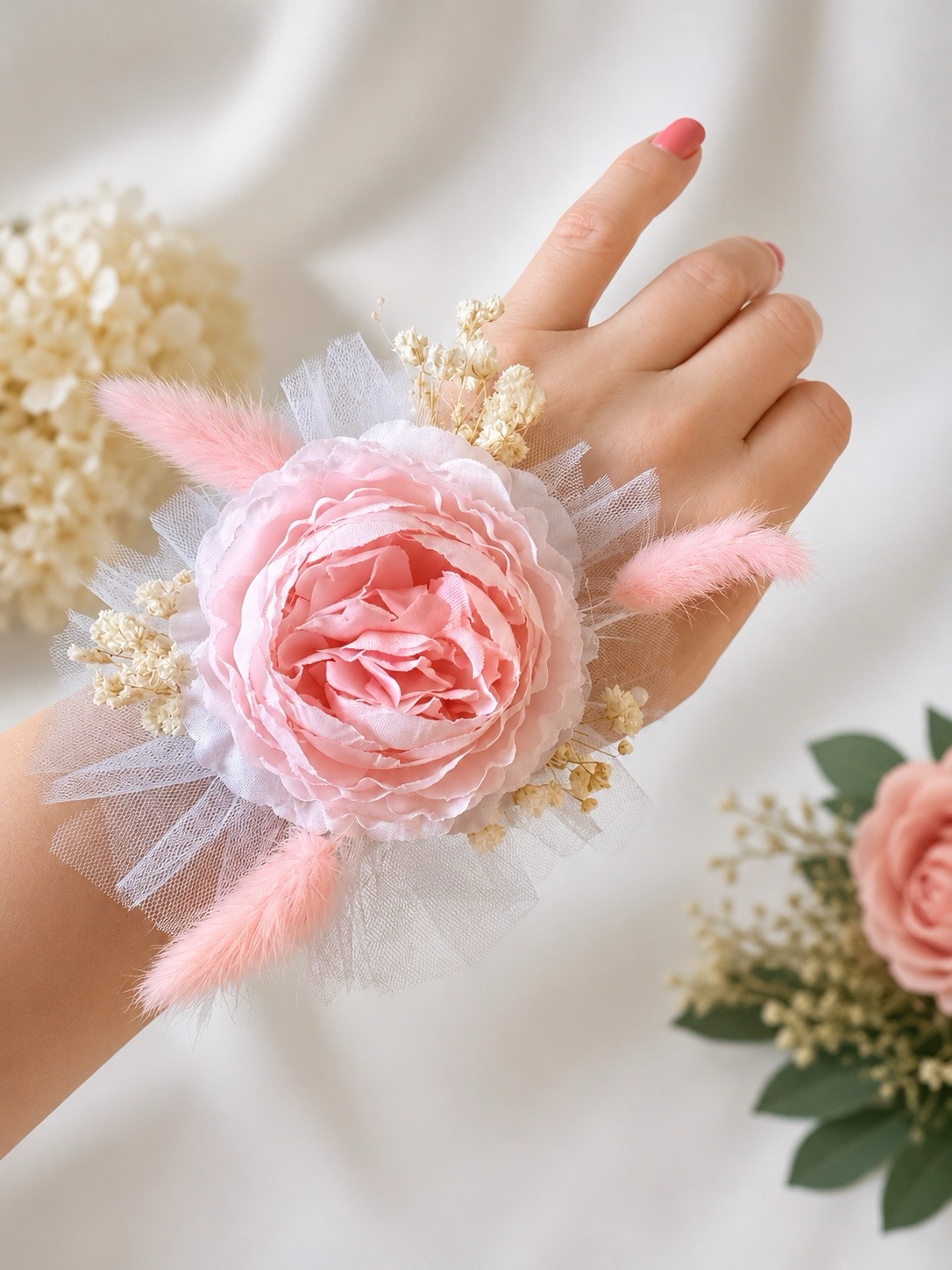 Wrist Corsage Artificial Peony And Dried Flowers For Bridesmaid
