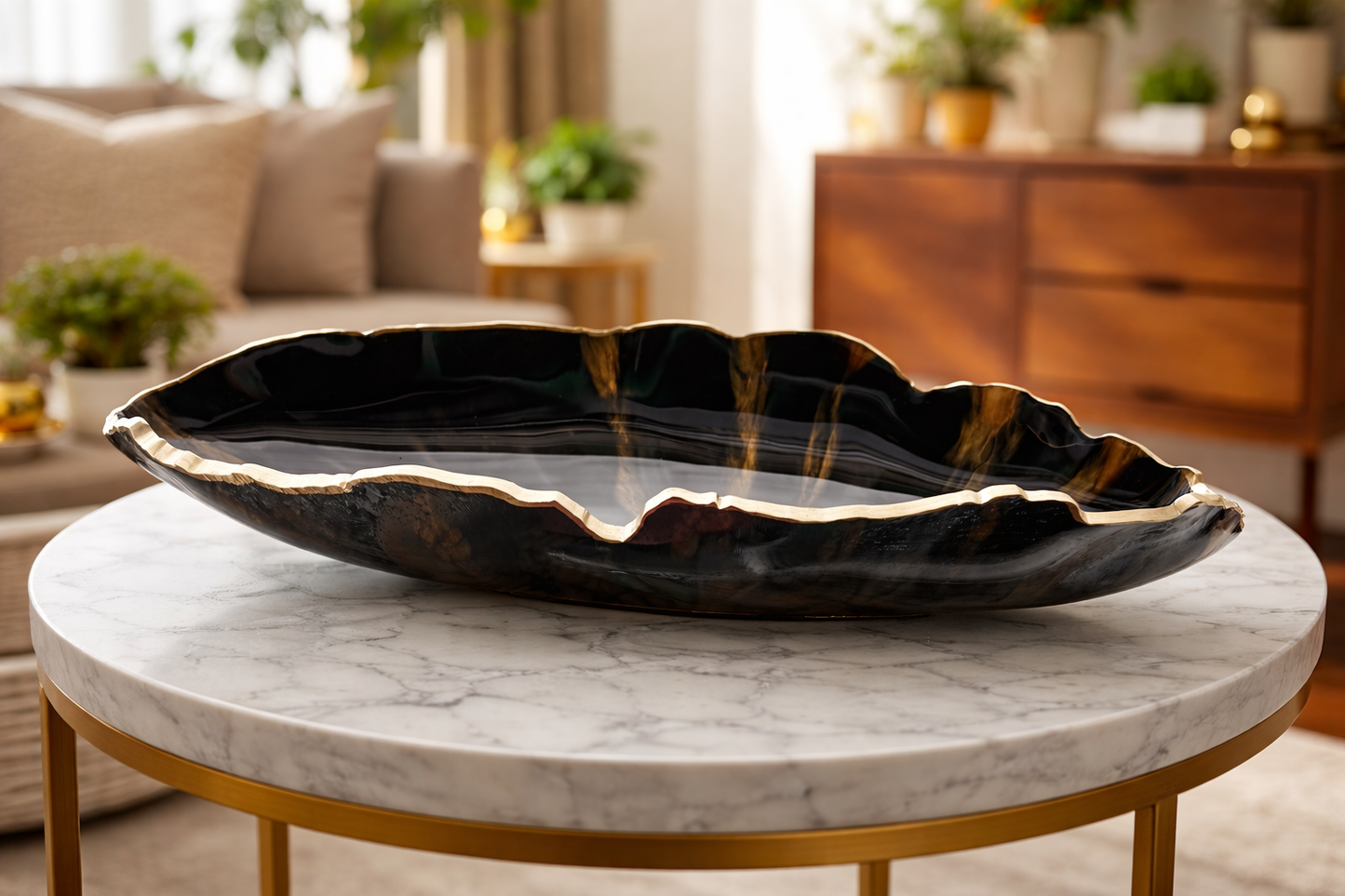 Black & Gold Resin Leaf Tray – Handmade Gift