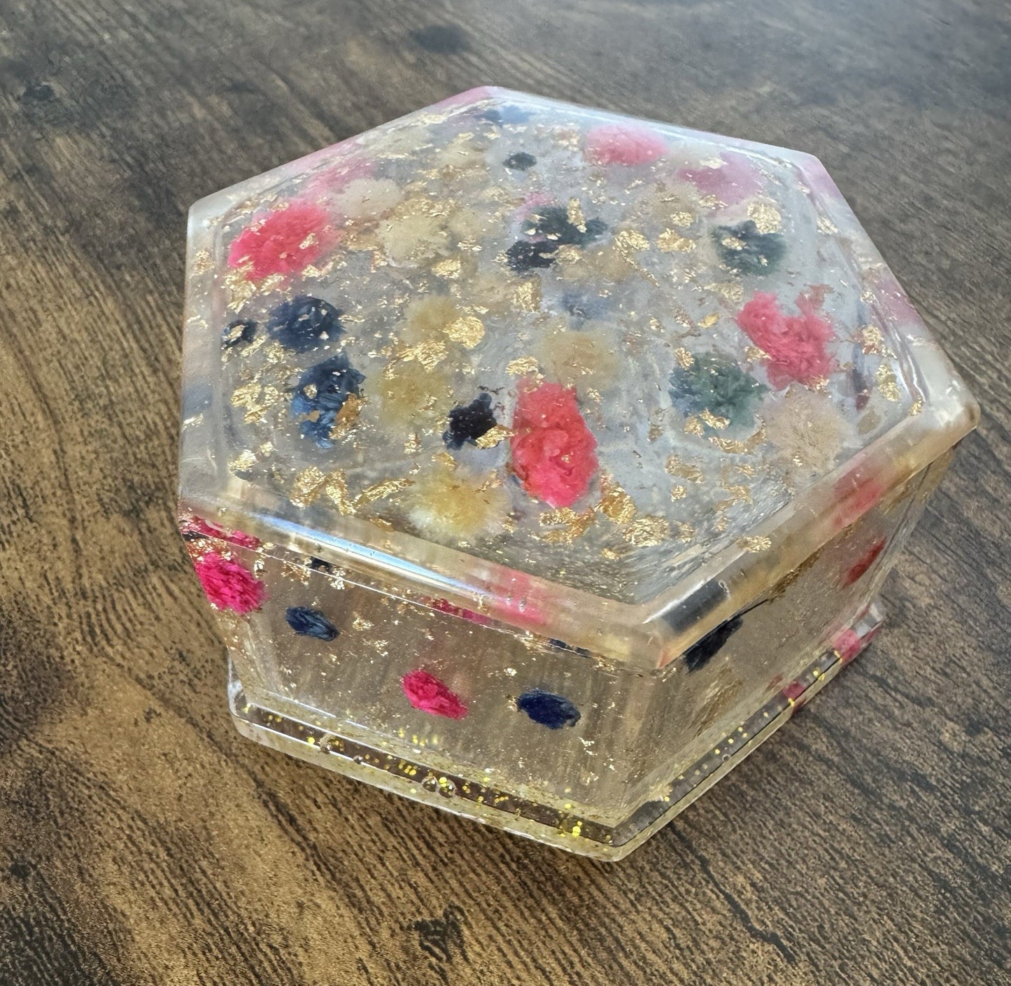Handmade Small Hexagon Resin Trinket Box with Real Dried Flowers