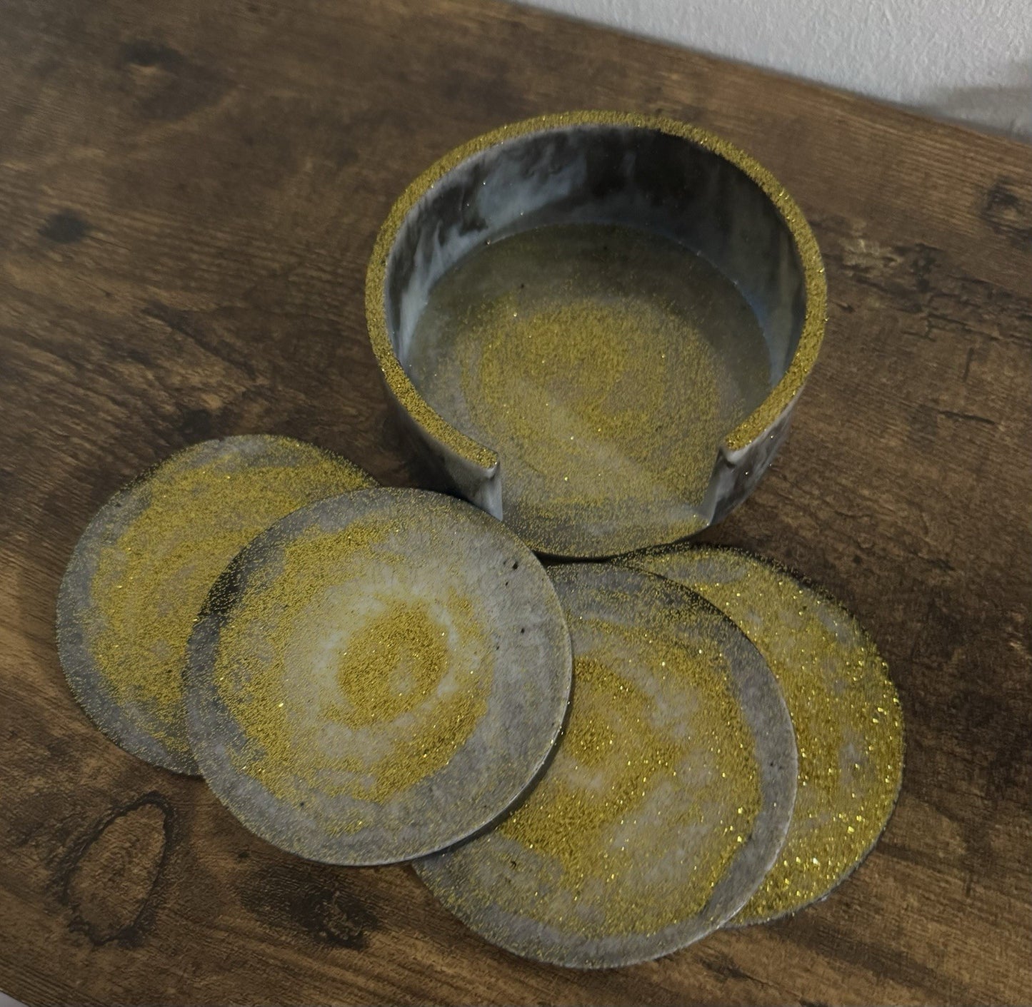 Handmade Black and Gold Resin Coaster Set with Holder Elegant Glitter Design