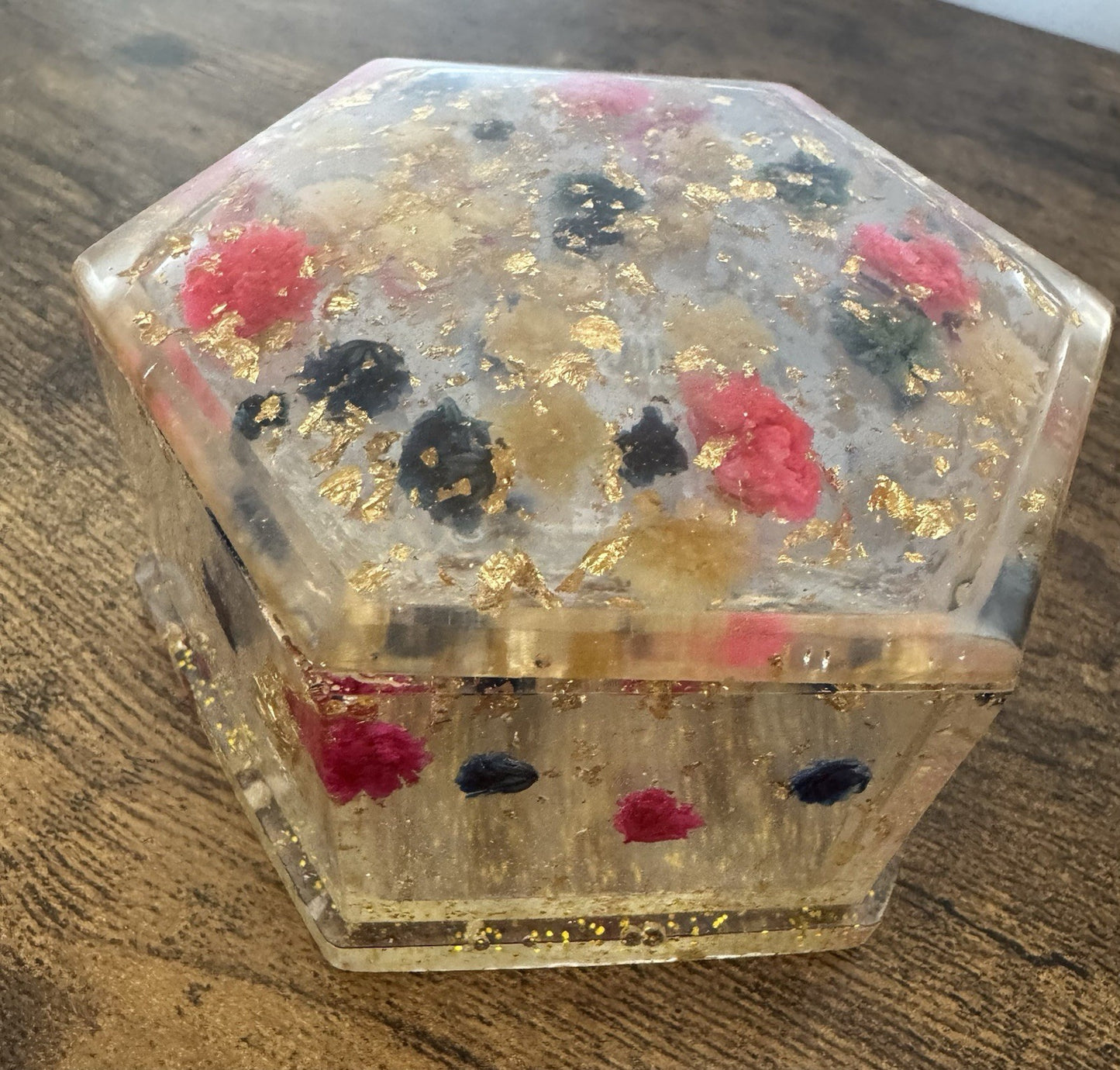 Handmade Small Hexagon Resin Trinket Box with Real Dried Flowers