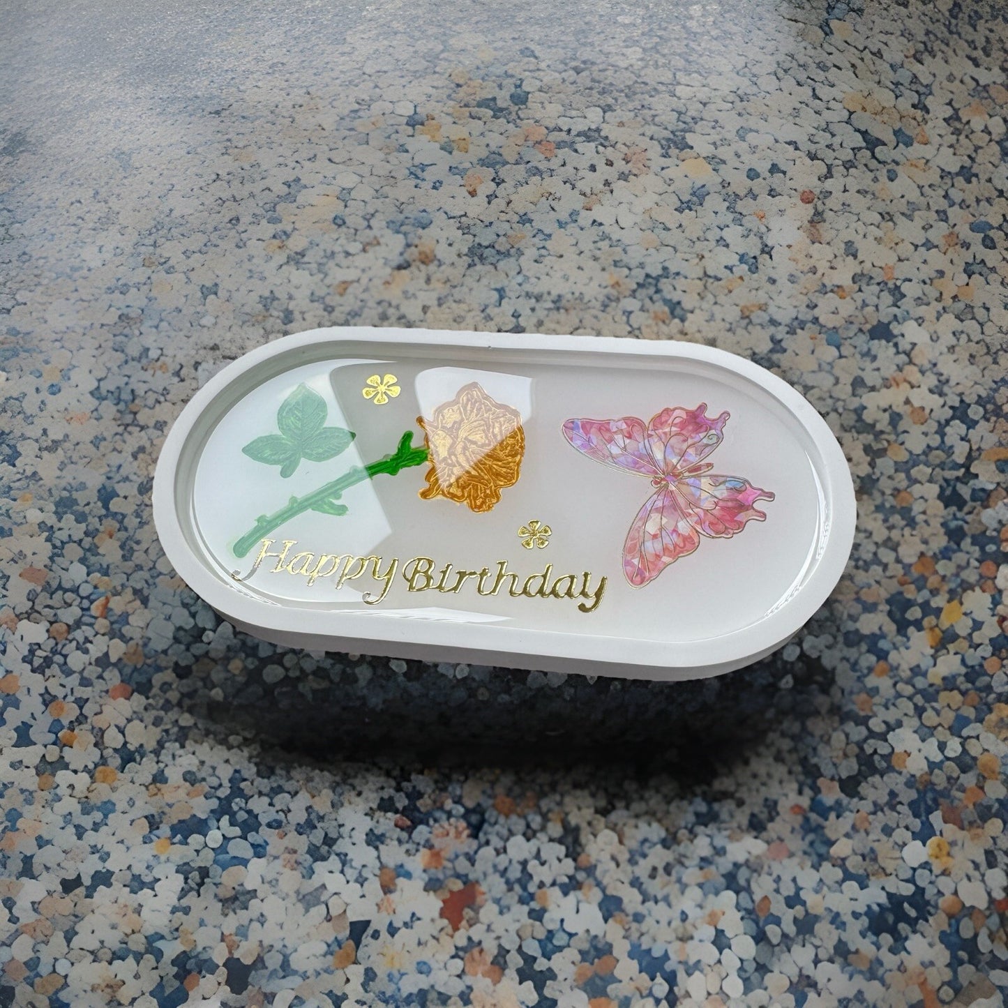 Handmade Trinket Tray Happy Birthday Design | Eco Resin Jewellery Holder Gift Uk