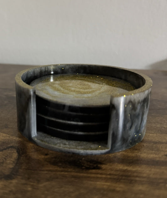 Handmade Black and Gold Resin Coaster Set with Holder Elegant Glitter Design