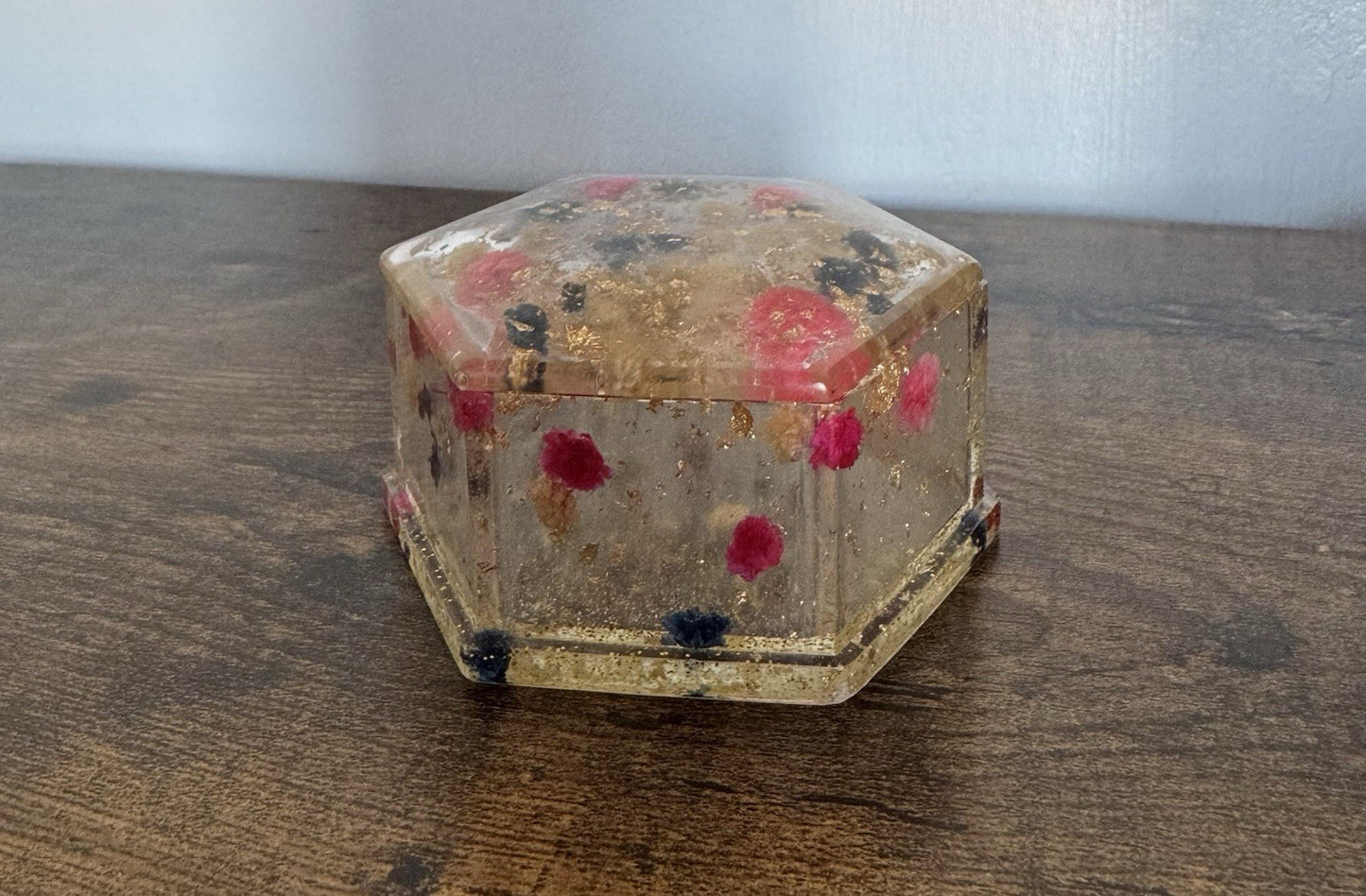 Handmade Small Hexagon Resin Trinket Box with Real Dried Flowers