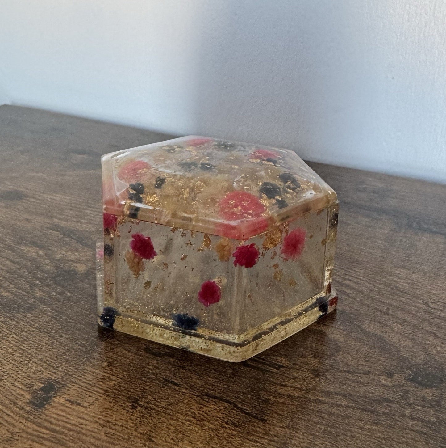 Handmade Small Hexagon Resin Trinket Box with Real Dried Flowers