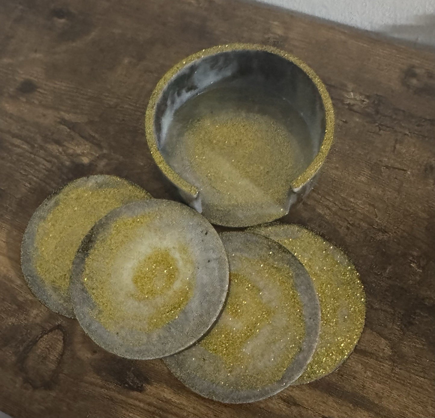 Handmade Black and Gold Resin Coaster Set with Holder Elegant Glitter Design