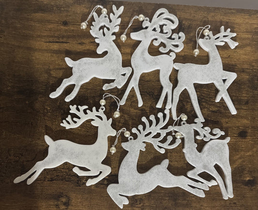 6 Reindeer Stag Christmas Tree Hanging Decorations Ornaments Silver Bows Bells