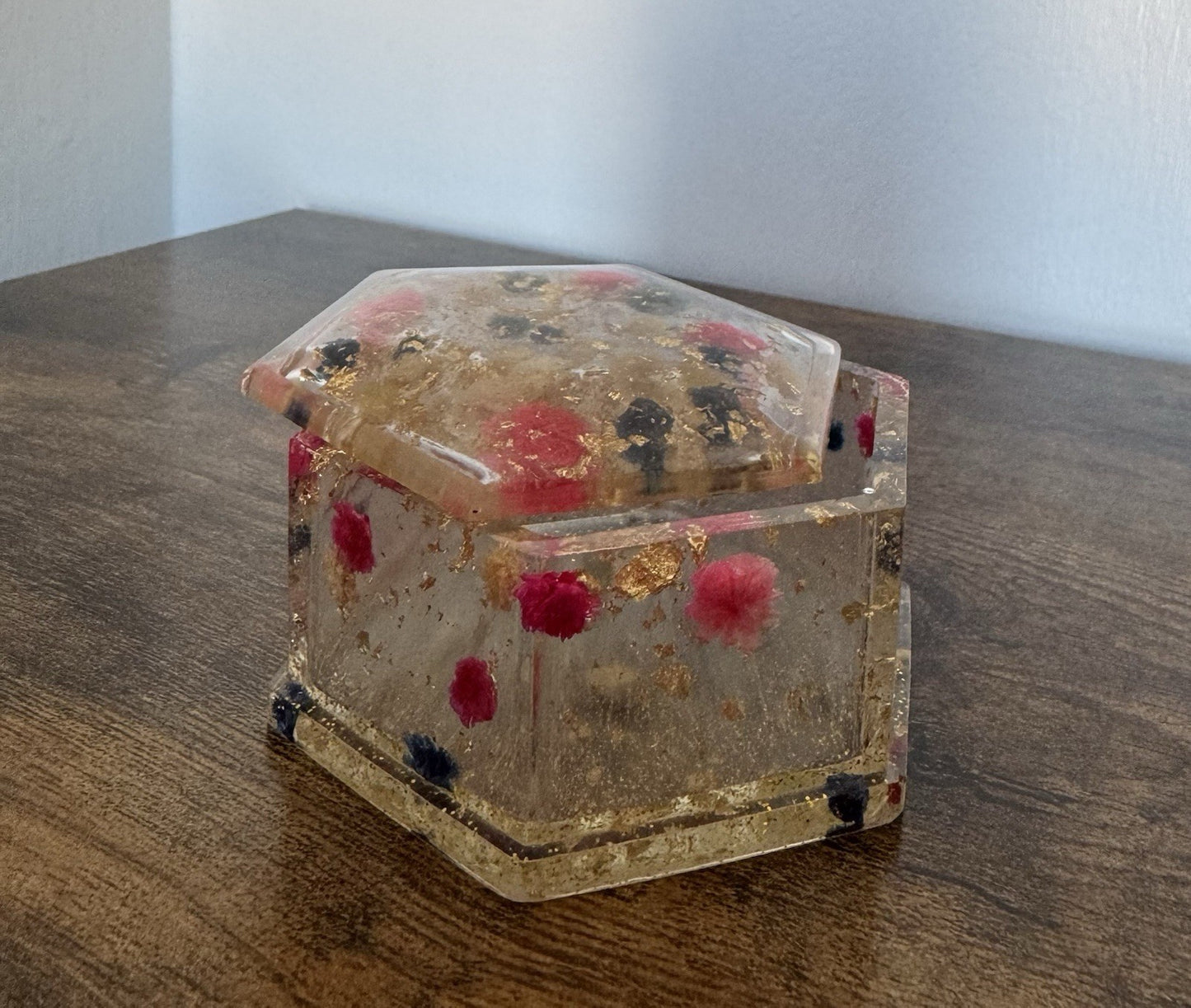Handmade Small Hexagon Resin Trinket Box with Real Dried Flowers