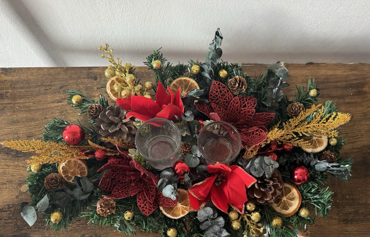 Christmas Table Centerpiece with Candle Red and Gold with Dried Eucaliyptus New