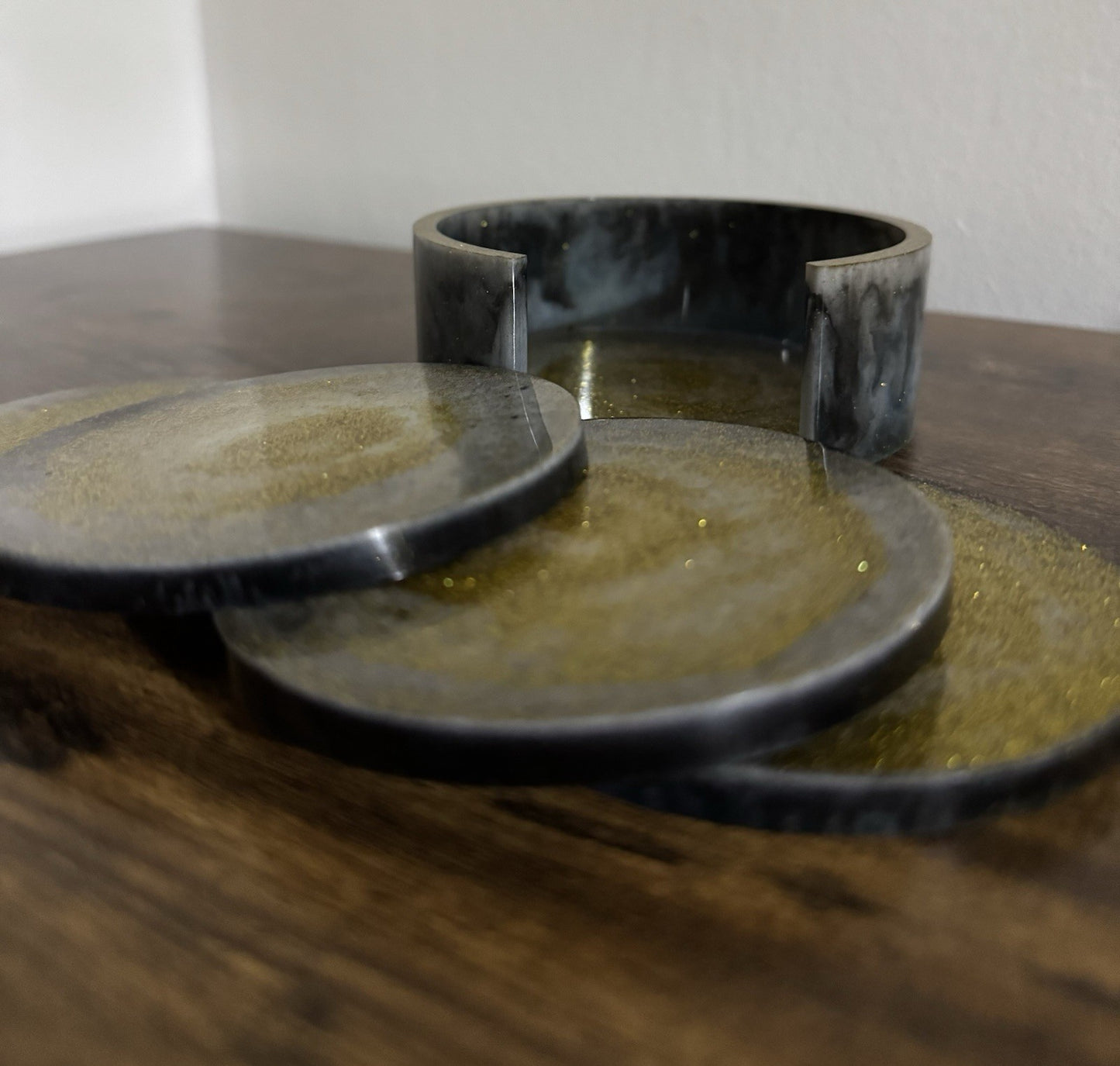 Handmade Black and Gold Resin Coaster Set with Holder Elegant Glitter Design
