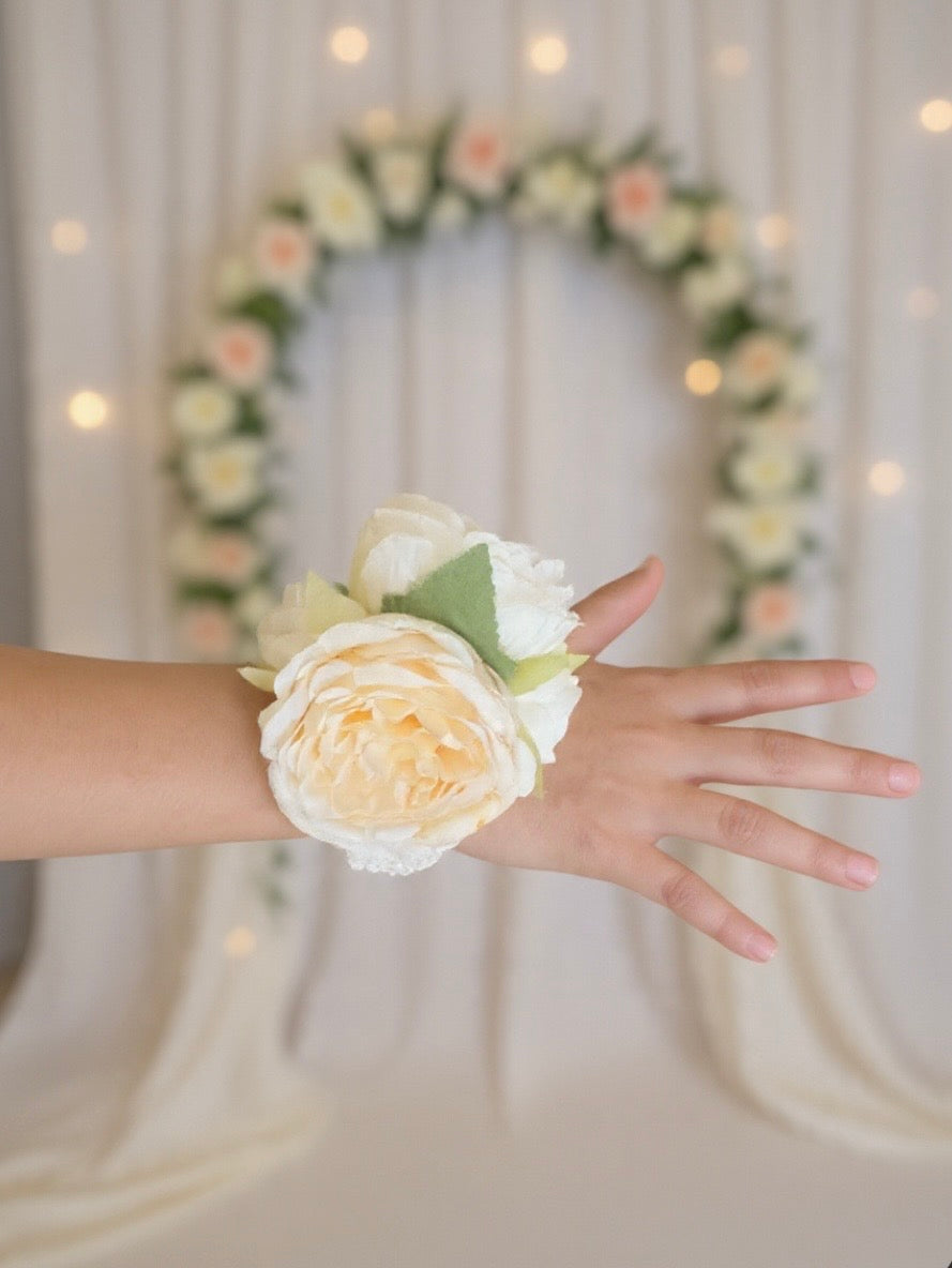 White Peony Flower Girl Wrist Corsage, Pearl Bracelet Corsage, Ivory Cream Wedding Wrist Flower, Flower Girl Accessory