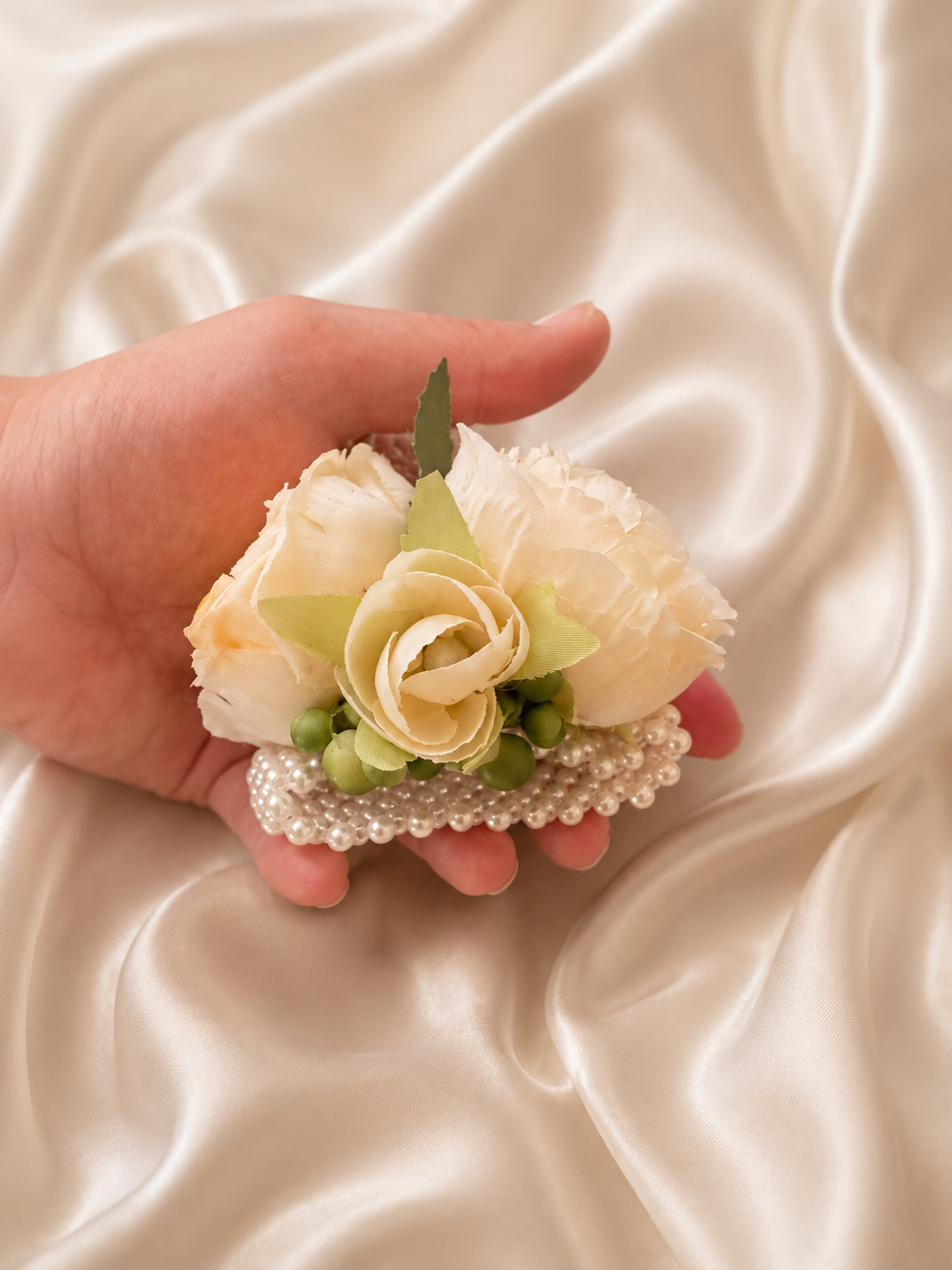 White Peony Flower Girl Wrist Corsage, Pearl Bracelet Corsage, Ivory Cream Wedding Wrist Flower, Flower Girl Accessory