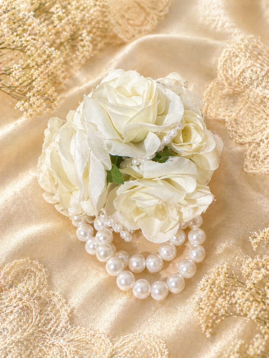Flower Girl White Rose Wrist Corsage | Elegant Wedding Pearl Bracelet