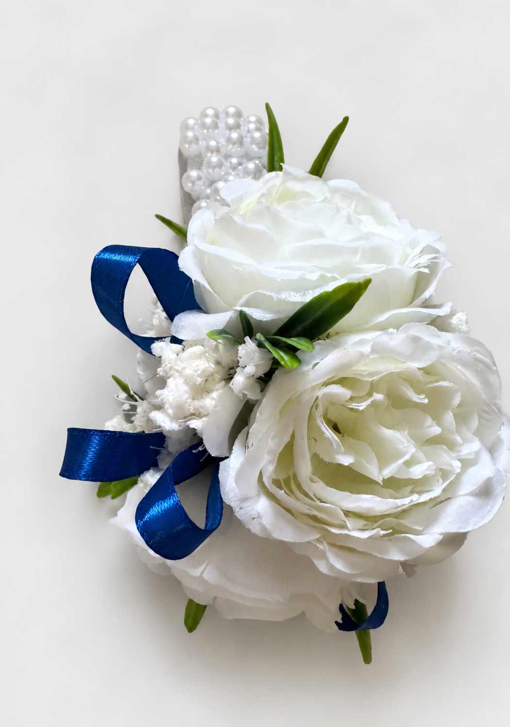 Bridal Wrist Corsage White Rose Dried Baby's Breath 9.5" Pearl Bracelet