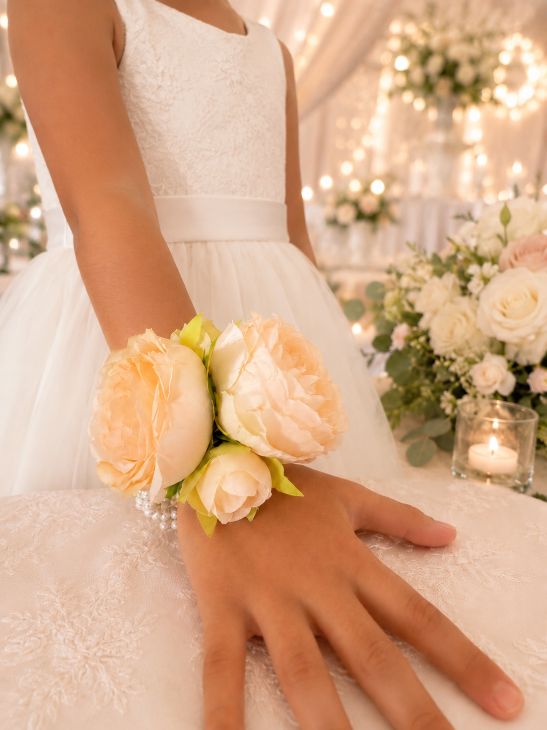 White Peony Flower Girl Wrist Corsage, Pearl Bracelet Corsage, Ivory Cream Wedding Wrist Flower, Flower Girl Accessory