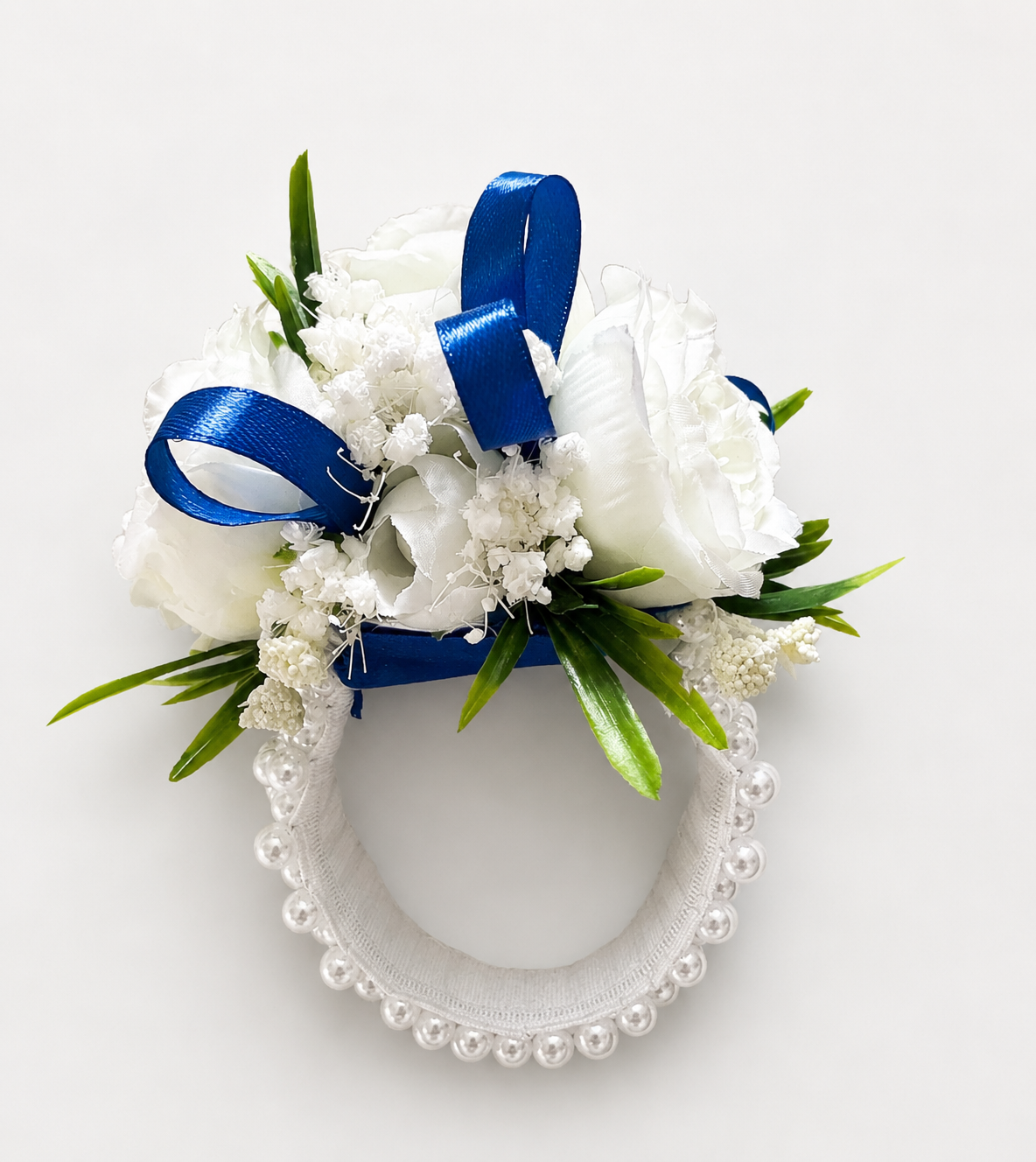 Bridal Wrist Corsage White Rose Dried Baby's Breath 9.5" Pearl Bracelet