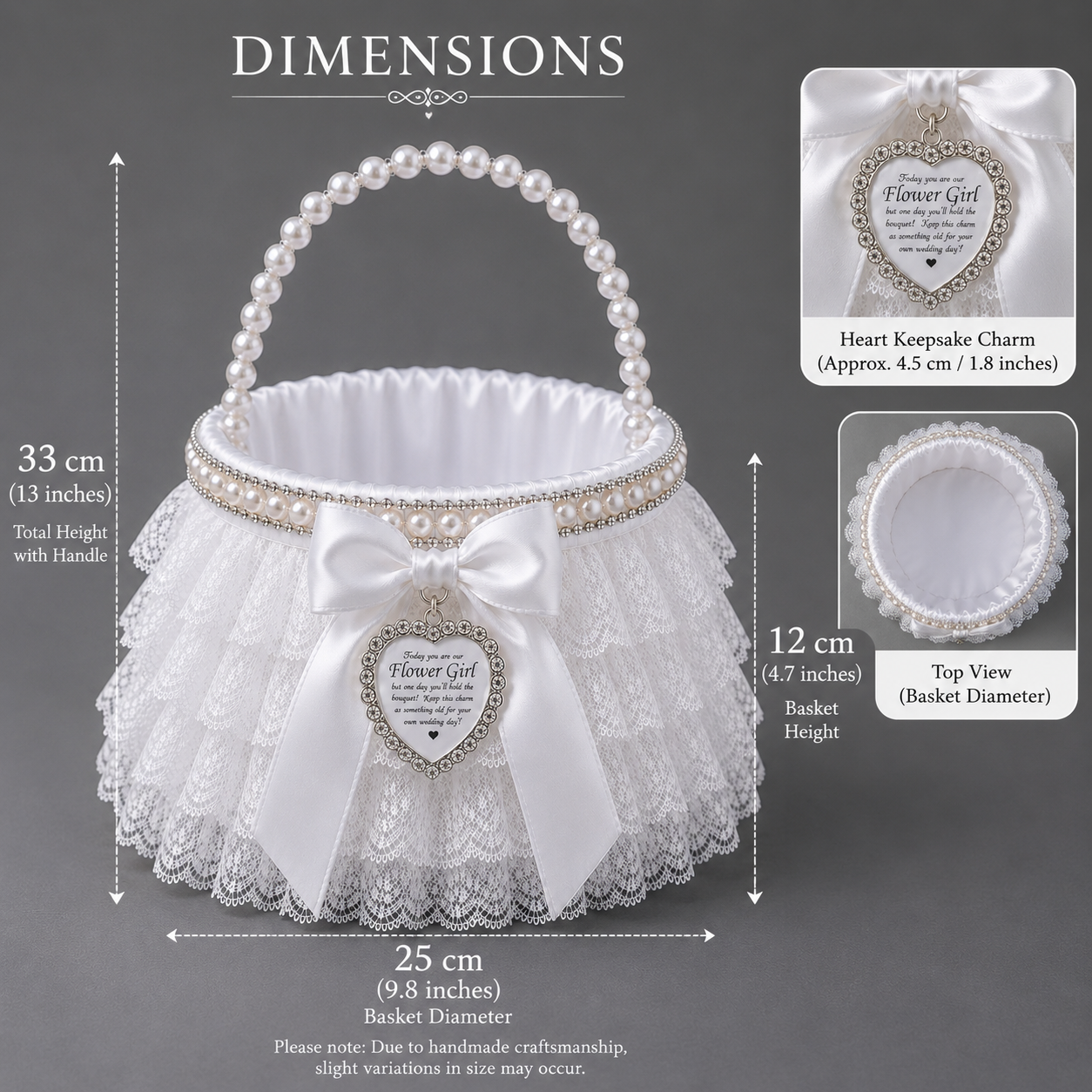Personalised Flower Girl Basket with Keepsake Charm | Pearl Handle Wedding Basket | White Petal Basket