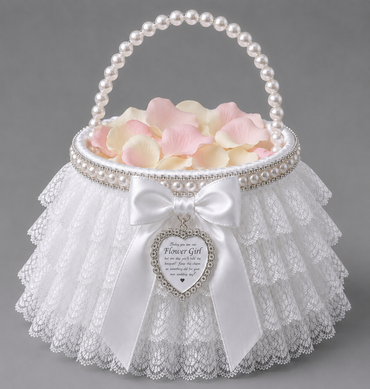 Personalised Flower Girl Basket with Keepsake Charm | Pearl Handle Wedding Basket | White Petal Basket