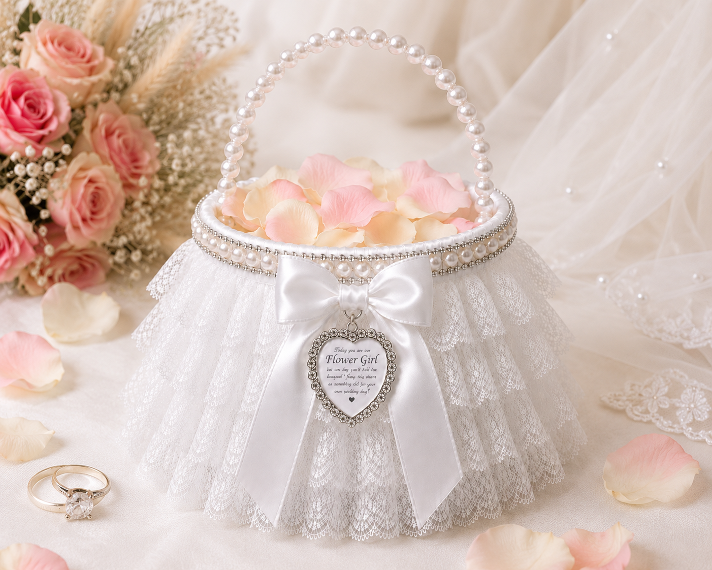 Personalised Flower Girl Basket with Keepsake Charm | Pearl Handle Wedding Basket | White Petal Basket
