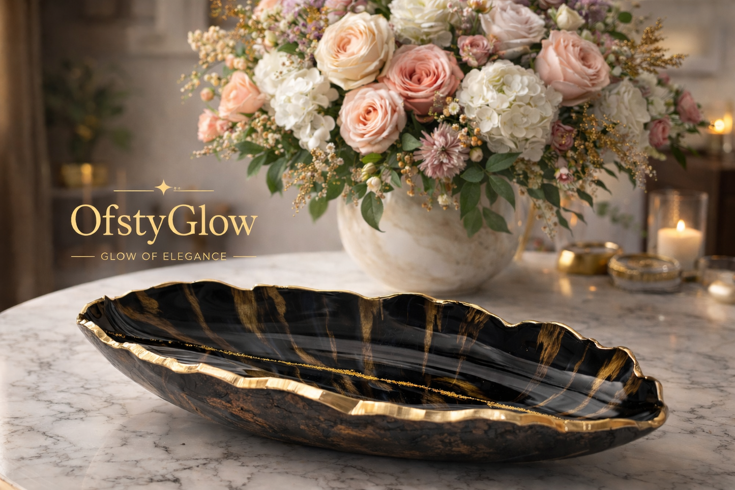 Black & Gold Resin Leaf Tray – Handmade Gift