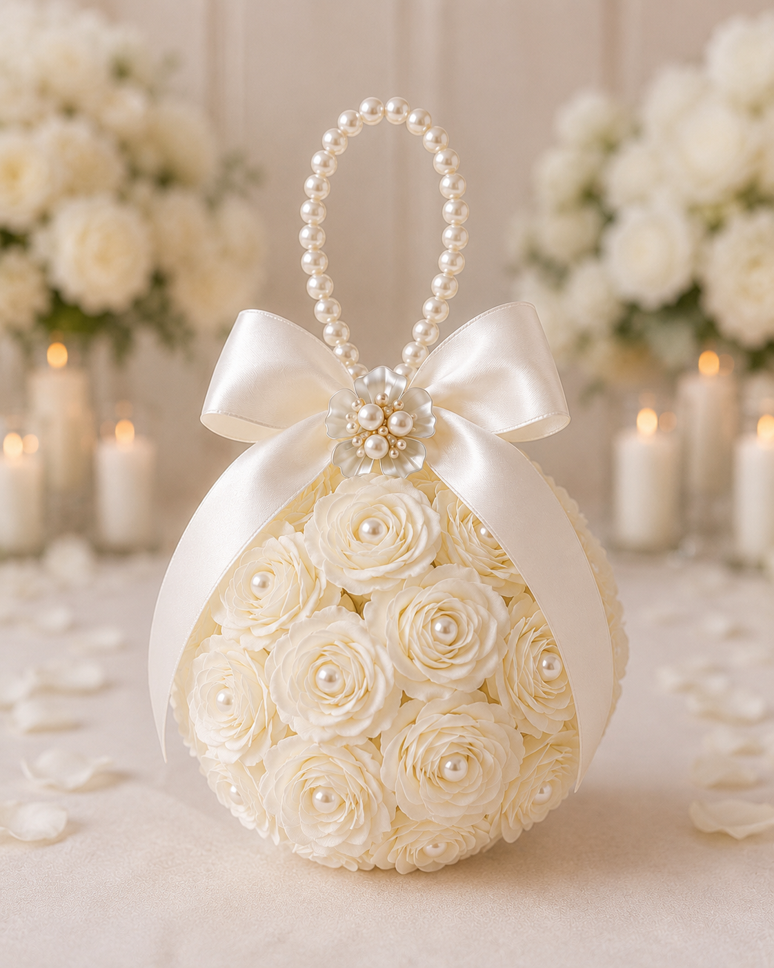 Flower Girl Kissing Ball Pomander Bouquet | White & Ivory (Creamy White) Wedding Flower Ball with Pearl Handle