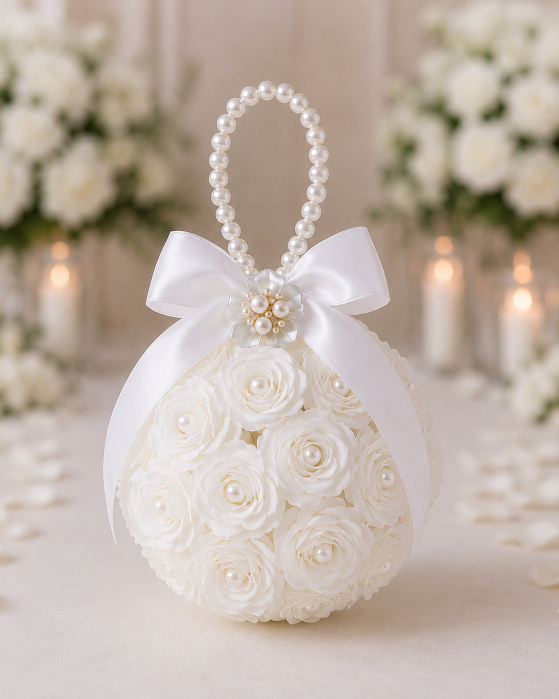 Flower Girl Kissing Ball Pomander Bouquet | White & Ivory (Creamy White) Wedding Flower Ball with Pearl Handle