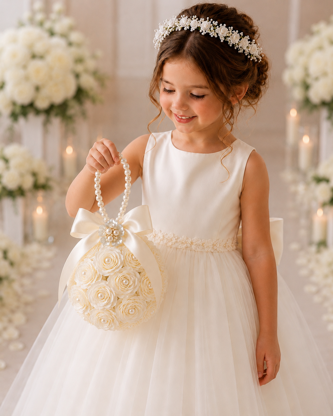 Flower Girl Kissing Ball Pomander Bouquet | White & Ivory (Creamy White) Wedding Flower Ball with Pearl Handle