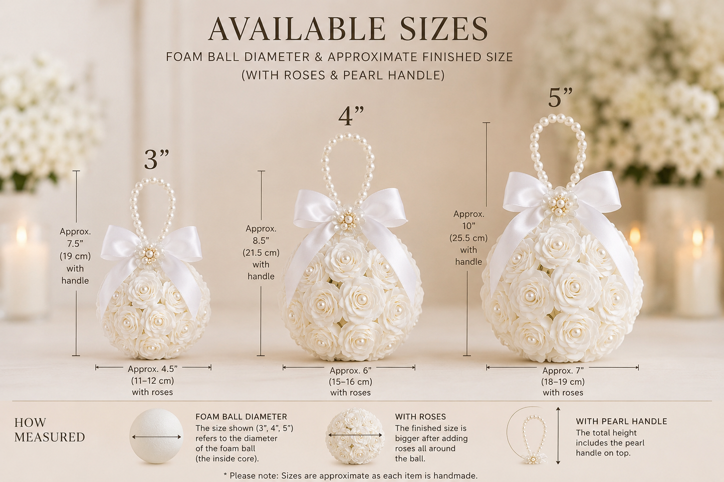 Flower Girl Kissing Ball Pomander Bouquet | White & Ivory (Creamy White) Wedding Flower Ball with Pearl Handle