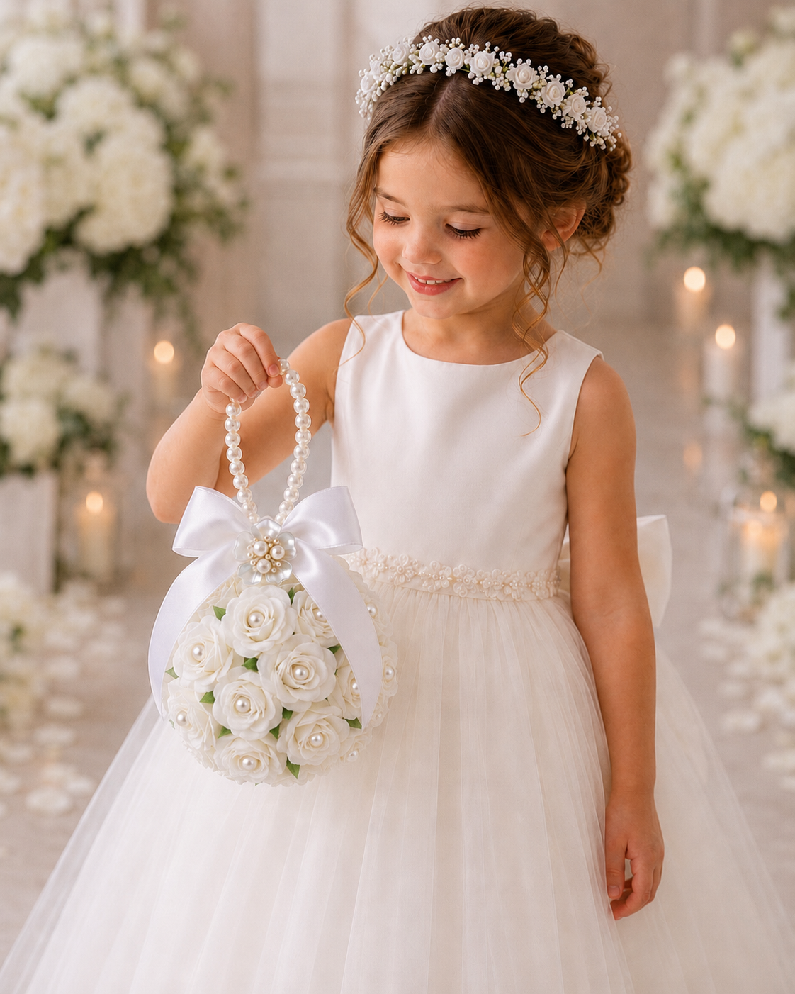 Flower Girl Kissing Ball Pomander Bouquet | White & Ivory (Creamy White) Wedding Flower Ball with Pearl Handle