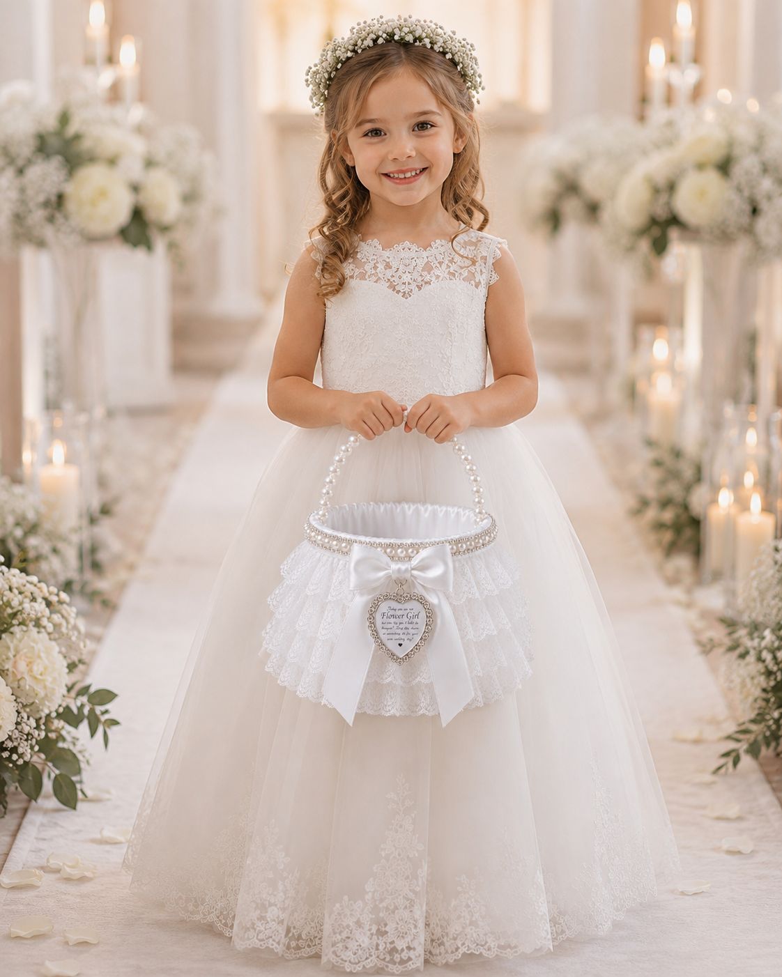 Personalised Flower Girl Basket with Keepsake Charm | Pearl Handle Wedding Basket | White Petal Basket