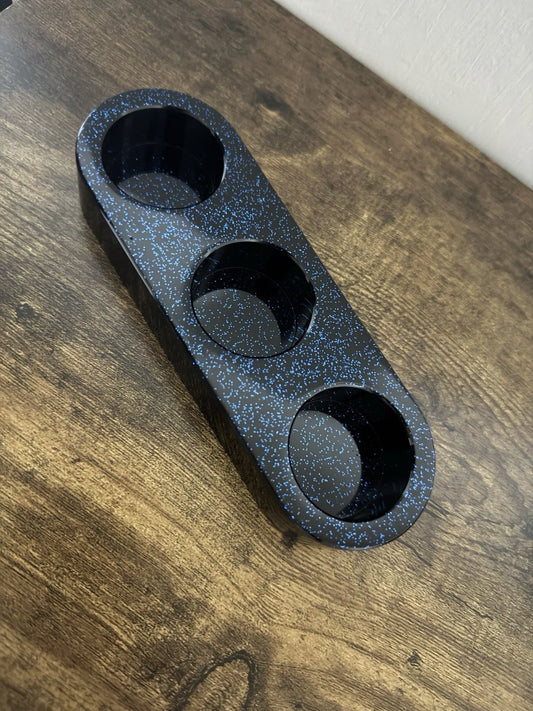 Unique Handmade Resin Triple Candle Holder – Black with Blue Glitter – Gift